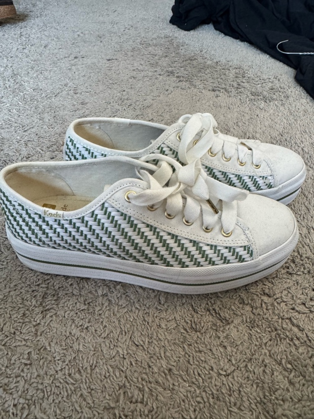 Women's White Canvas Platform Sneaker with Green Woven Detail